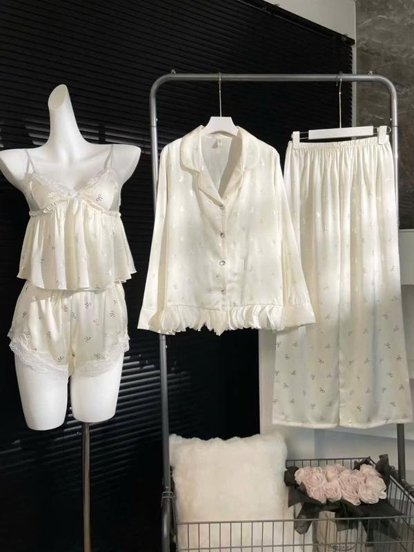 N275- Sét 4 món pijama tiểu thư cánh hoa vân gấm cho nữ- Bộ ngủ mặc nhà hàng quảng châu cao cấp cho nữ ( women)