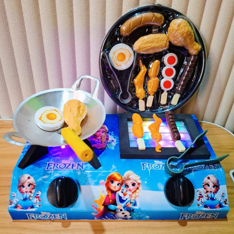 Mainan Masak Masakan Anak Perempuan Usia 3-6 Tahun Dengan Kompor Mini 2 Tungku Lampu LED Toys Frozen 4