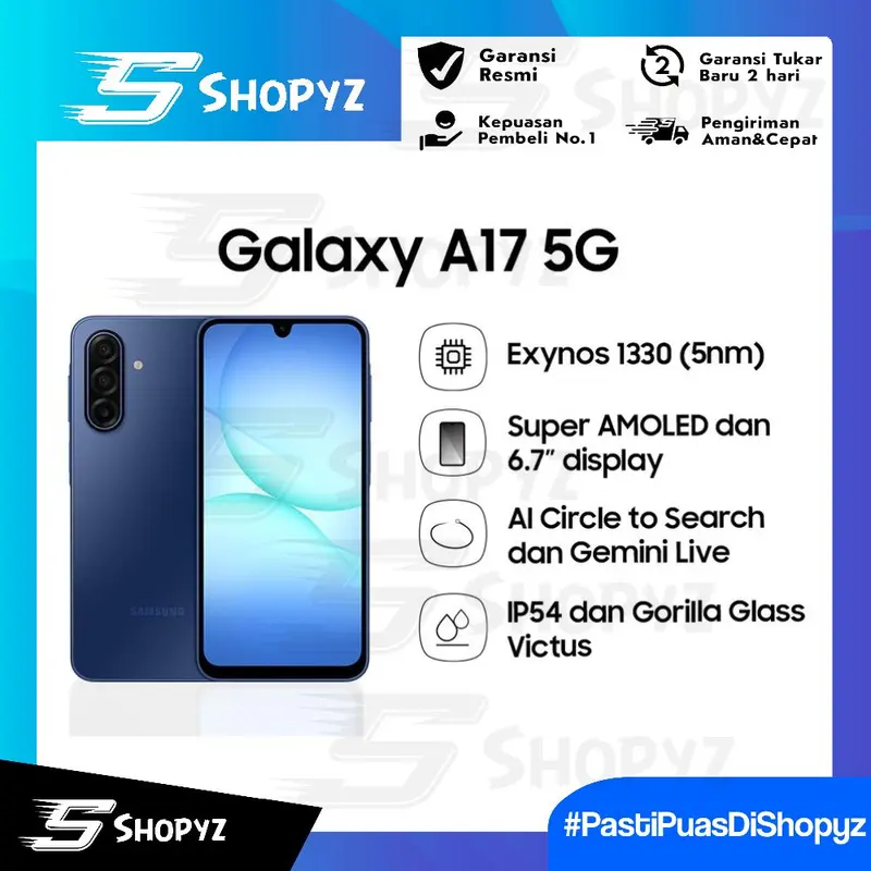 Samsung Galaxy A17 5G 8/256GB | Exynos 1330 (5nm) | Layar 6.7” Super AMOLED | AI Circle to Search | Gorilla Glass Victus IP54 | Garansi Resmi