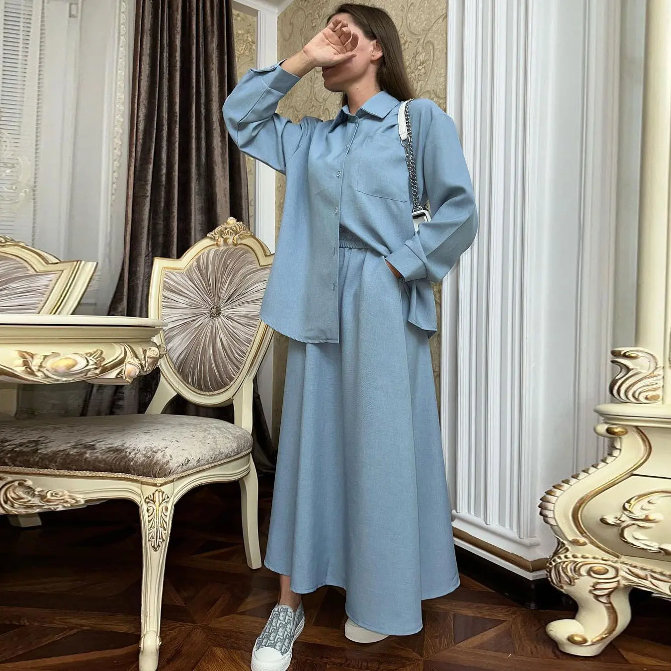 Women Top Blouse Long Sleeved + Bottom Long Skirt Elastic Waist Casual Blouse Skirt Set Blouse Skirt Solid Loose muslimah suit blouse with seluar set