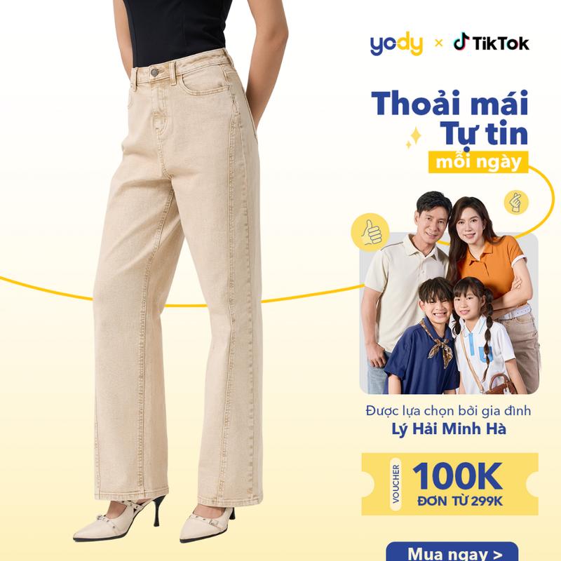   SALE 50% Quần Jeans Nữ Yody Ống Rộng Cạp Cao Can Phối Cắt xẻ cá tính thoải mái - QJN7050 