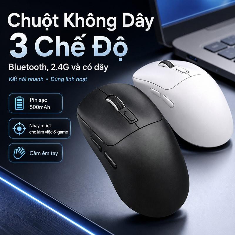 Chuột Không Dây 3 Chế Độ Bluetooth 2.4G Có Dây – Cảm Biến 6400DPI 1000Hz, Sạc Type-C Pin Trâu. Độ Trễ Thấp, Dùng Cho Gaming Văn Phòng Laptop PC Macbook – Quà Tặng Hot Trend, Cao Cấp Tiện Lợi