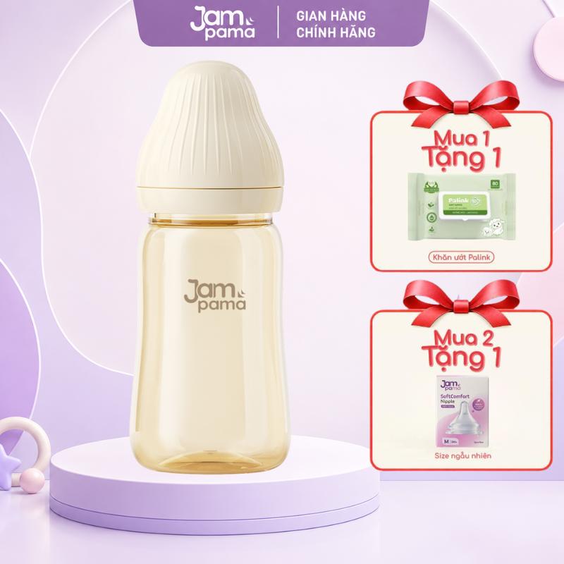 [MÀU KEM] Bình Sữa PPSU Jampama Soft 240ml Chống Đầy Hơi Chống Sặc Cho Bé