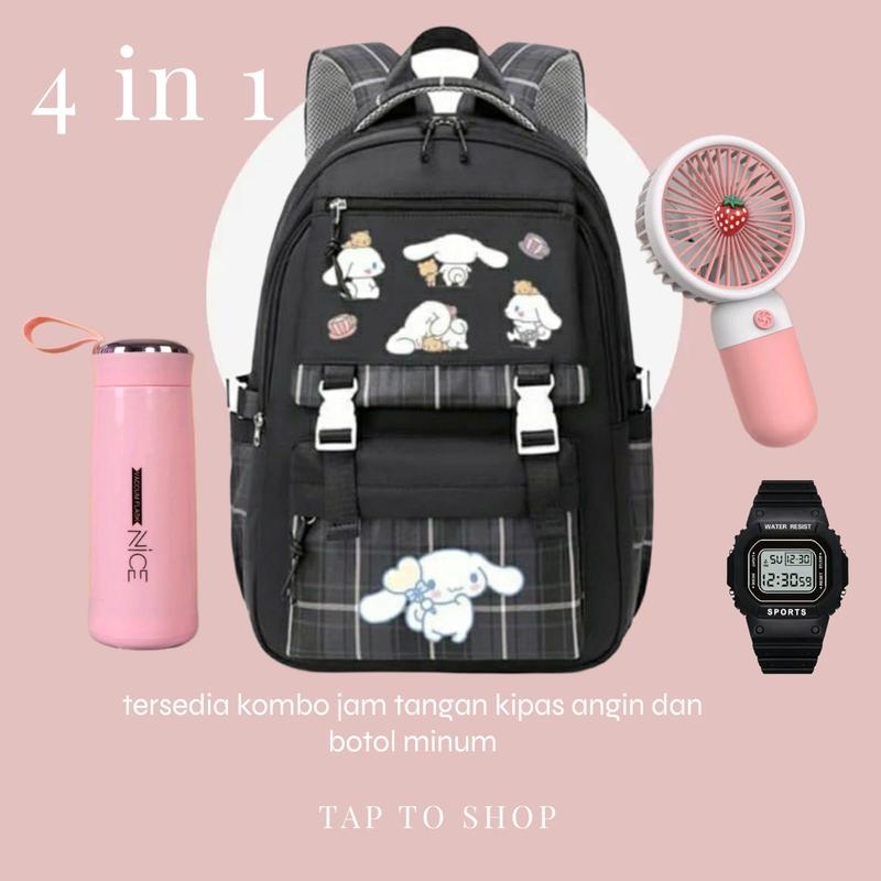 TAS RANSEL SEKOLAH ANAK PEREMPUAN SD SMP SMA CINNAMOROL COMBO JAM TANGAN KIPAS BOTOL MINUM DAN GANCI 5