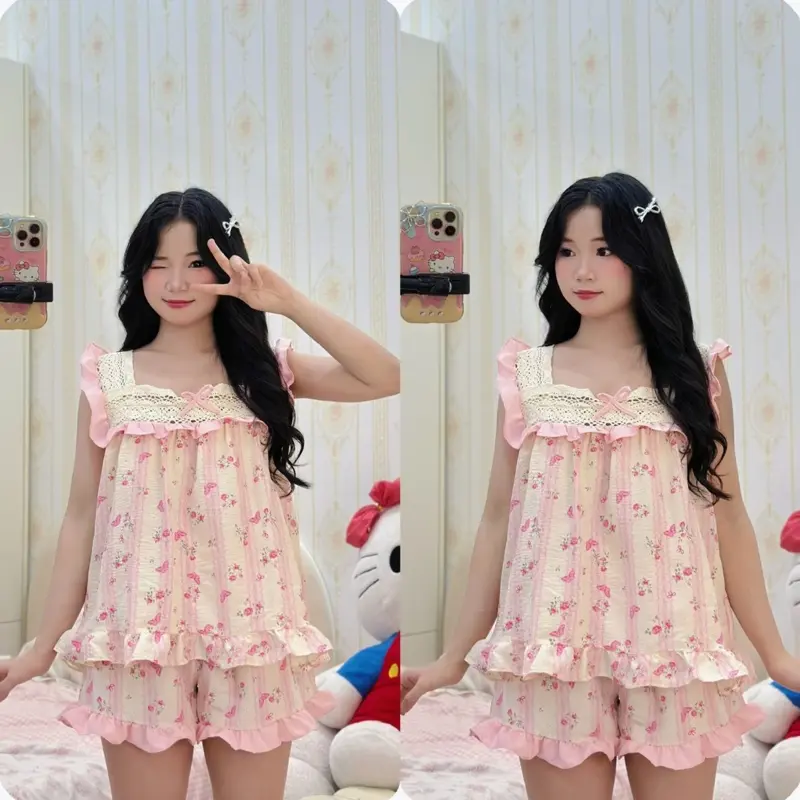 bộ pijama bộ ngủ nữ tiểu thư cổ vuông sát nách vải đũi mùa hè mặc đi ngủ mát mẻ thoải mái Women Quần Ngủ Áo Ngủ Cotton 2