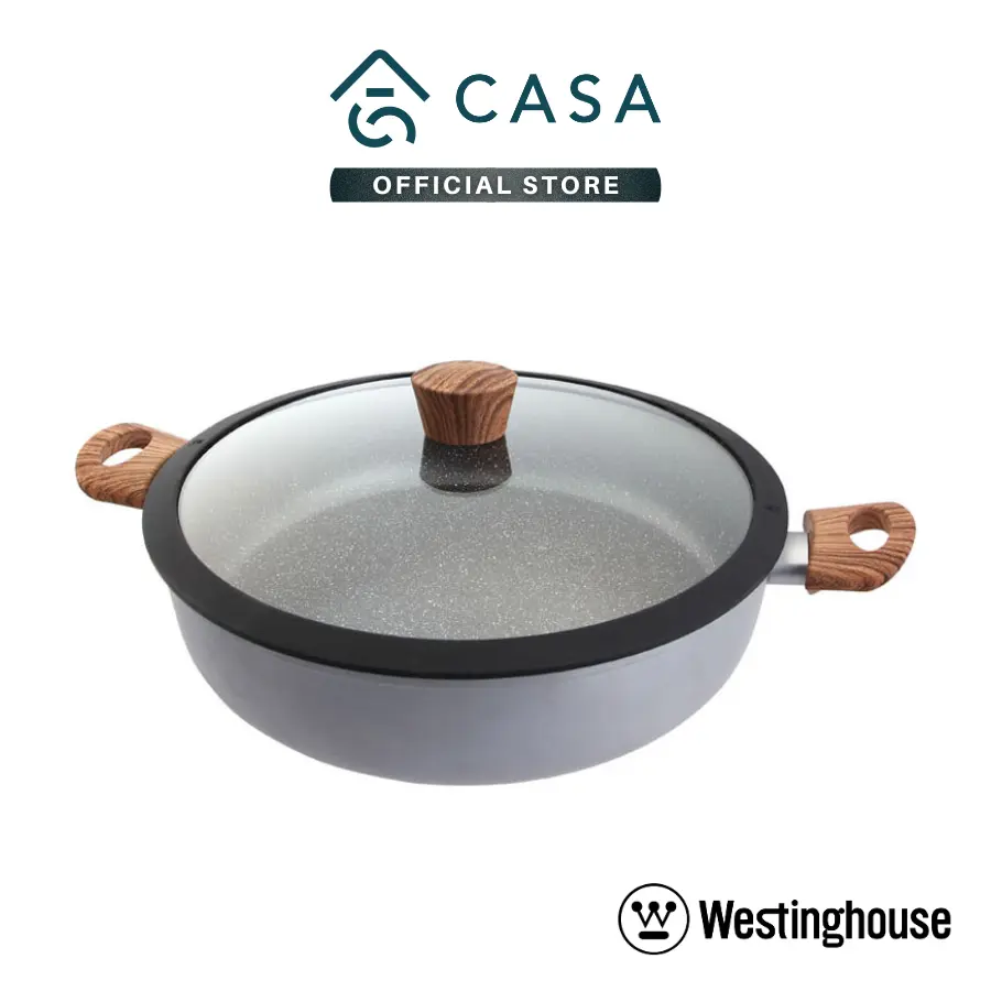 Westinghouse Marble Grey Series | Aluminum Low Casserole with Glass Lid and Wooden Handle