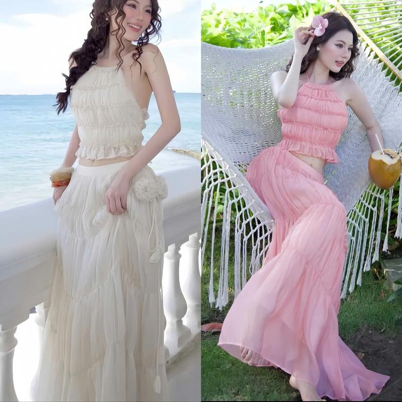 SET VÁY NỮ ĐI BIỂN 2 màu chất tơ nến cổ yếm cột dây mocking sau phối chân váy maxi đính dây hoa  trẻ trung sang chảnh phù hợp cho các nàng đi biển đi du lịch.women top