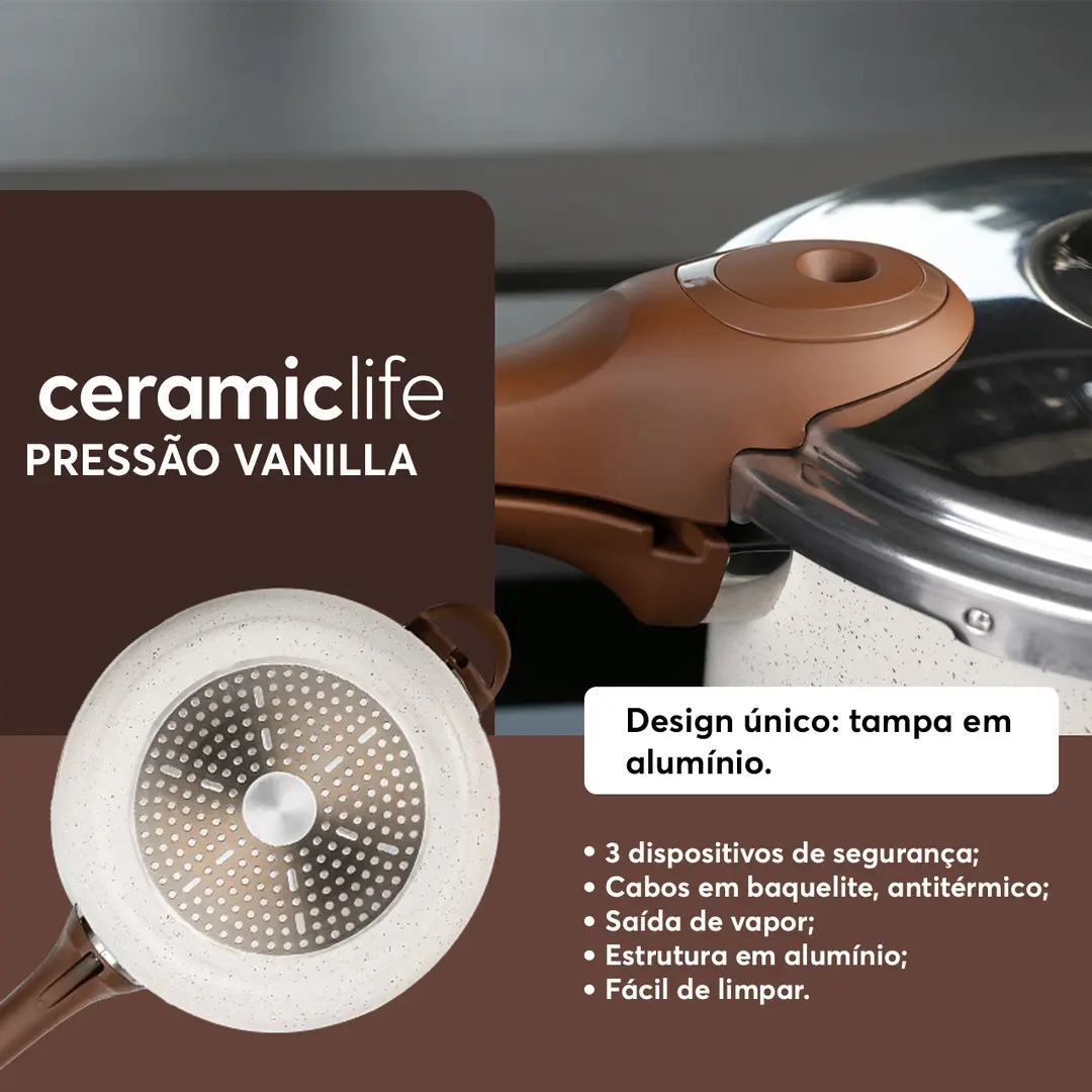Panela de Pressão Indução Brinox Antiaderente Ceramic Life Pressure 6,8 Litros 24cm Vanilla