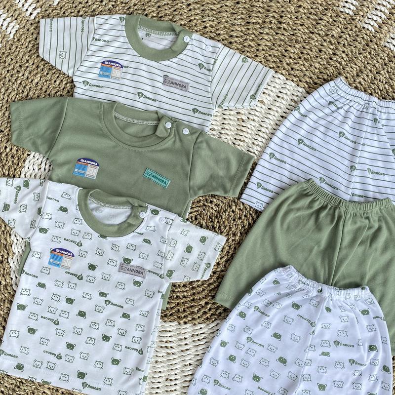 ANNORA 3 Setelan Bayi 0-18 Bulan S M L XL Baju Tidur Piyama Bayi Pendek Seri Warna Sage Bear 3