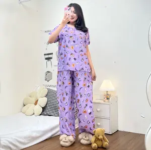 Sapasara - Setelan Baju Tidur Wanita Baby Doll One Set Celana Panjang Kain Rayon LD 110 Busui Friendly Kancing Lembut Nyaman untuk Remaja