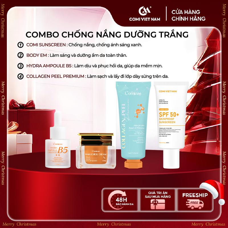Bộ Hỗ Trợ Chống Nắng Va Dưỡng Trắng: 1 PEEL COLLAGEN 4K 75ml + 1 SERUM B5 HA 20ml + 1 KEM FACE HUYẾT YẾN BAKUCHOIL 20g + 1 KEM CHỐNG NẮNG 50ml