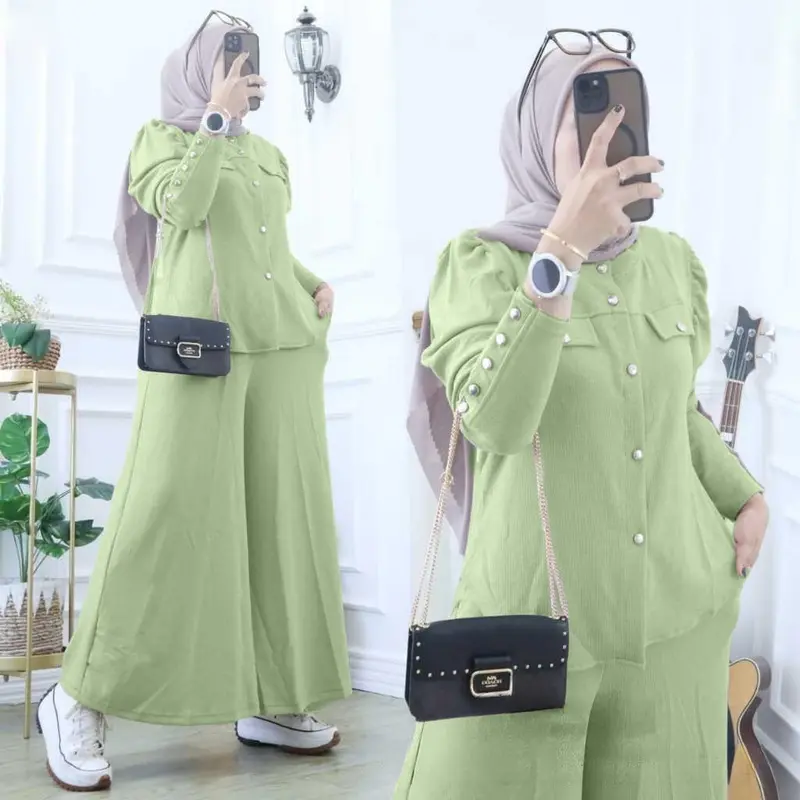 MILKA SET KNIT TANGAN BALON KANCING AKTIF CELANA KULOT // SETELAN WANITA POLOS // ONE SET MILKA KNIT TERBARU 2