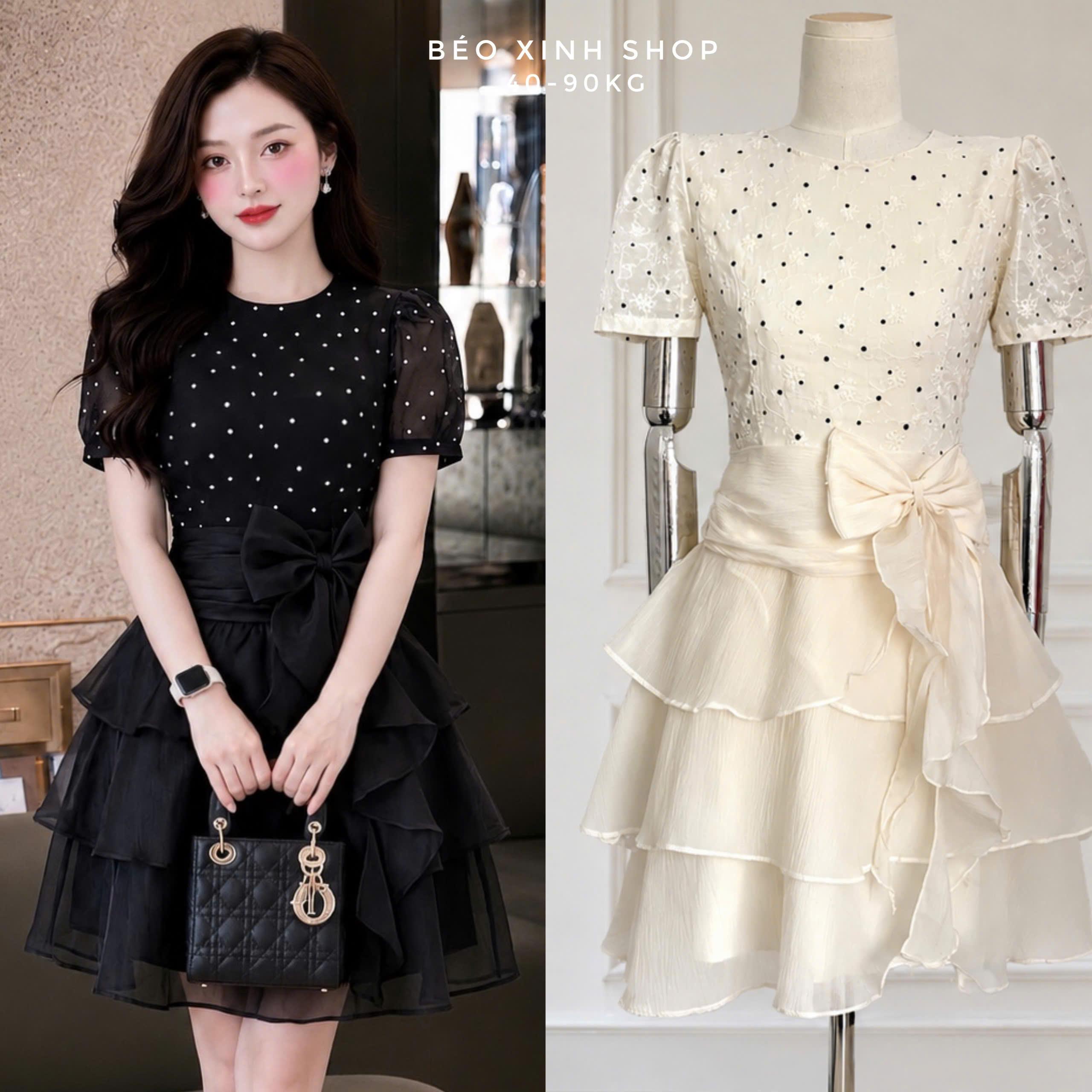 Váy Tiểu Thư Chấm Bi Tay Ren, Dáng Xòe Nhiều Tầng Nơ Eo Sang Trọng Có Bigsize Váy Thiết Kế Thời Trang Nữ - A.1861