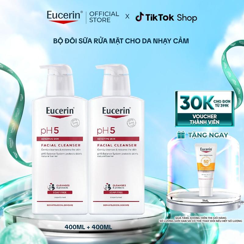  Bộ đôi Sữa Rửa Mặt Cho Da Nhạy Cảm Eucerin PH5 Sensitive Skin Facial Cleanser 400ml 