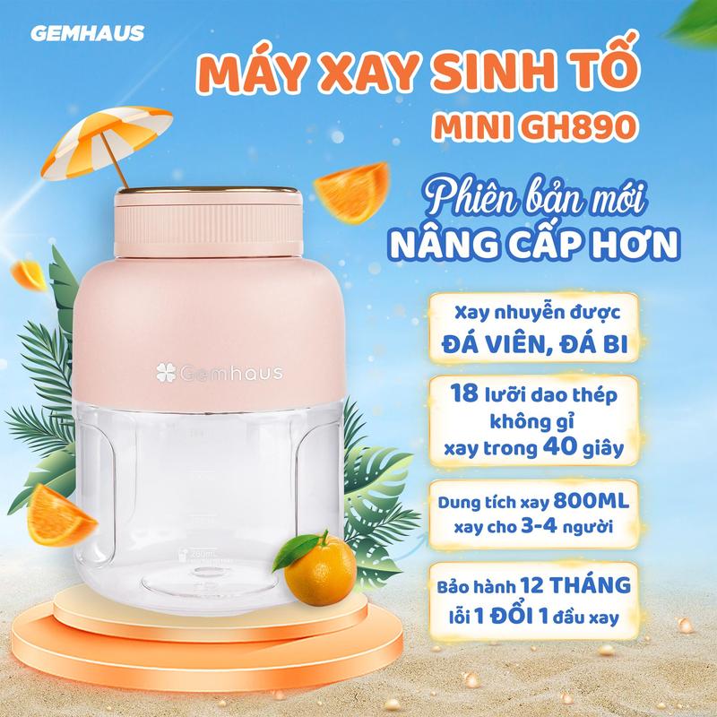 [VN] Máy xay sinh tố dùng pin sạc mini Gemhaus Galaxy Ultra GH890 di động dung tích 800ml xay - 1100ml chứa nước, tiện lợi, có kèm dây cầm và nắp đậy