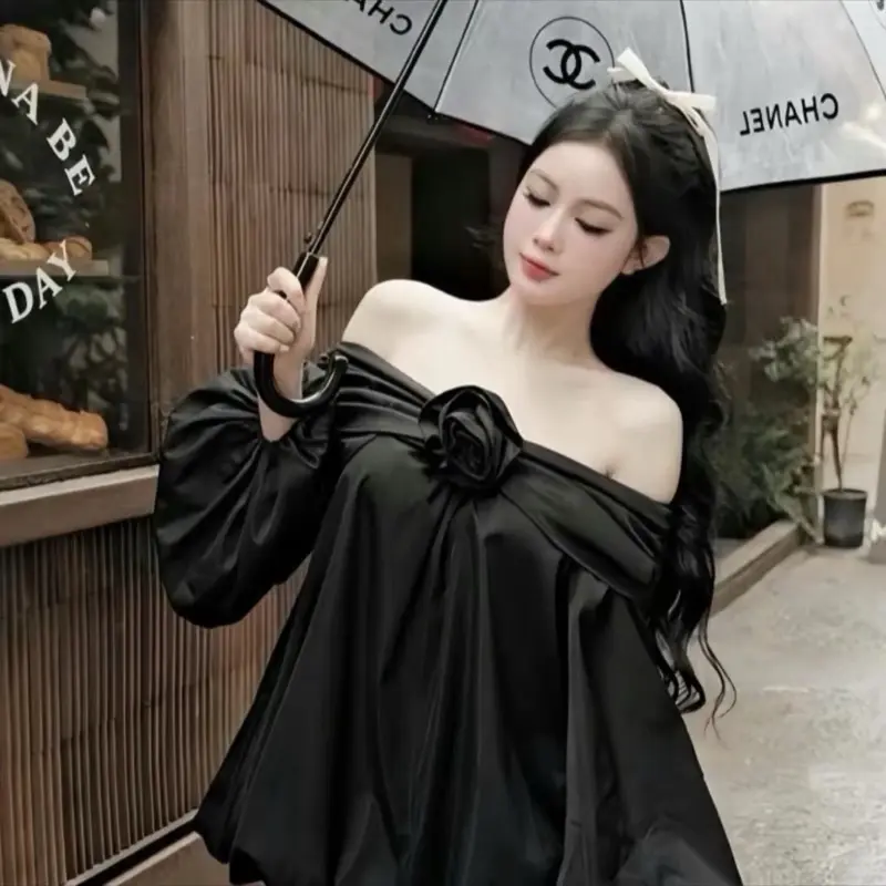 Váy trễ vai form bí phồng đính hoa ở ngực thanh lịch sang trọng -Mynk Store