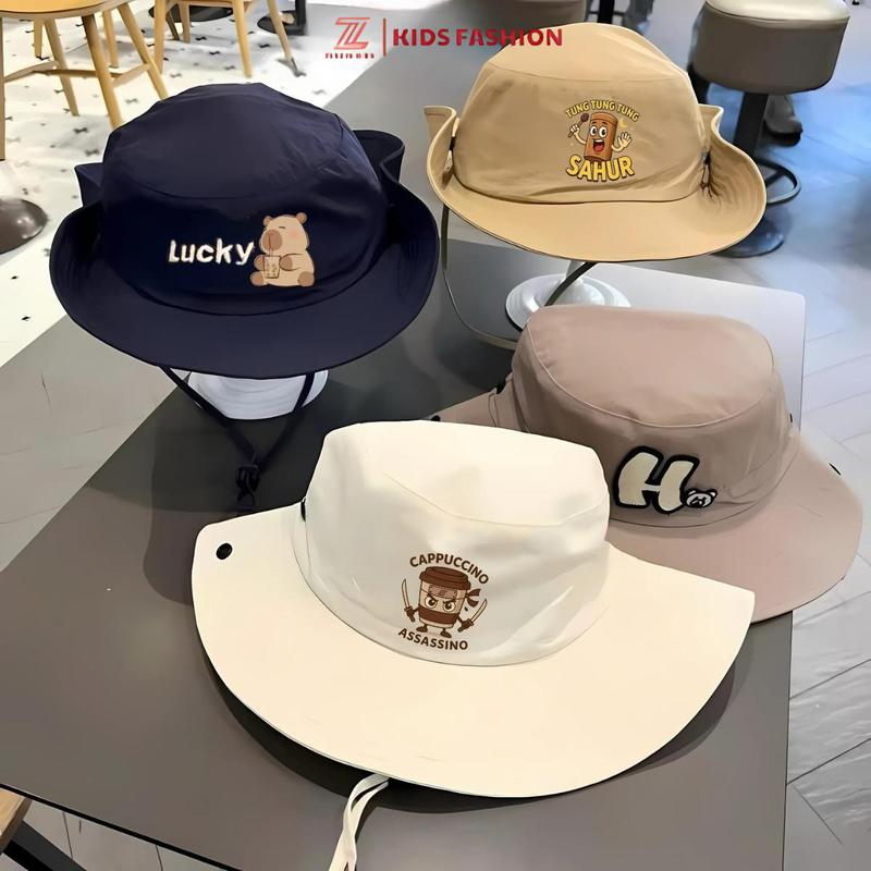 Mũ Bucket Cho Bé 3-10 Tuổi Vành Rộng Chống Nắng Chống UV Thêu Chữ H Phong Cách Hàn Quốc Nón Cao Bồi Bé Trai Bé Gái