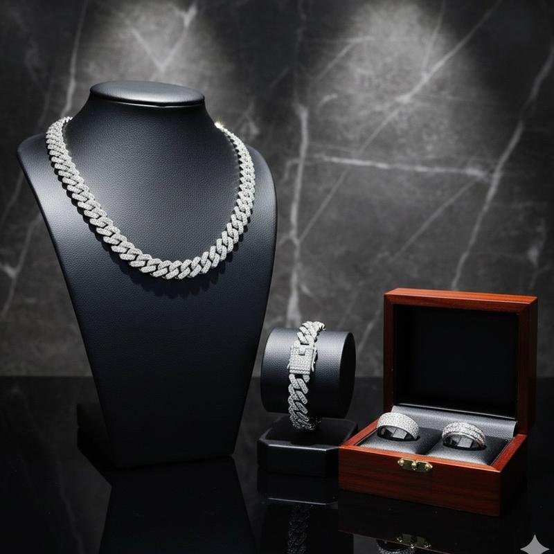 4 MÓN Combo dây chuyền và lắc tay đính đá kèm 2 nhẫn cuban bản ver 2 bề ngang 14mm điều chỉnh được độ dài tuỳ thích