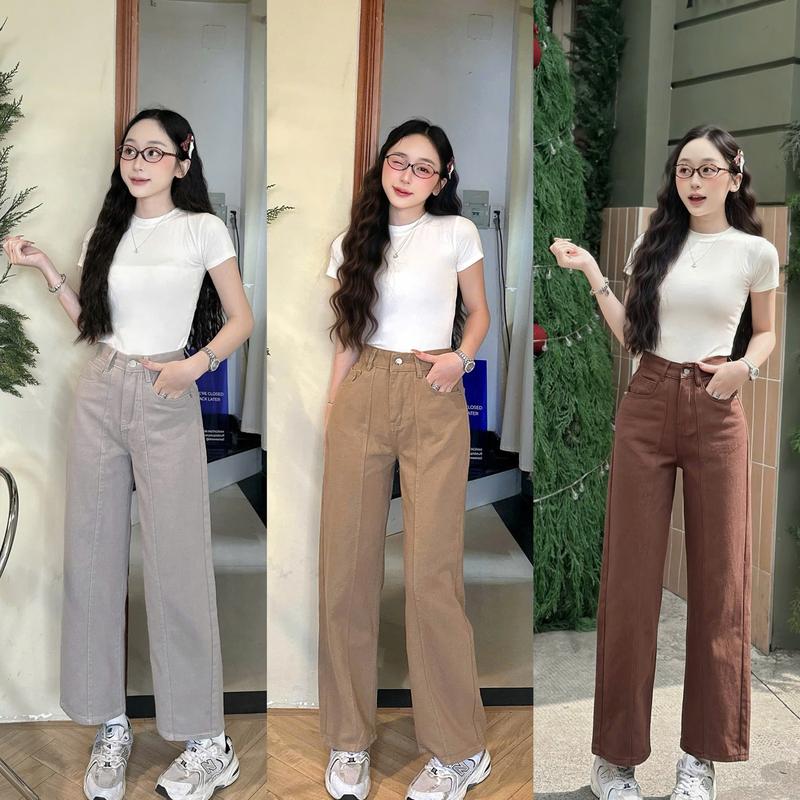DEAL MỞ BÁN M27 Quần jeans suông nữ quần bò nữ quần ống rộng nữ màu nâu hot trend Không co giãn khonhamai Size XS-S-M-L Chiều dài 88-98cm