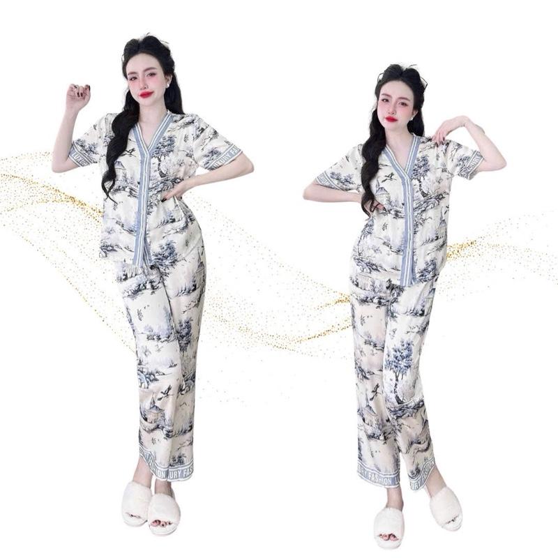 N6 Đồ Bộ Pijama Quần Dài Tay Ngắn Lụa LATIN Hoạ Tiết Thiết Kế Sang Trọng Tinh Tế Chất Liệu Cao Cấp Size 40-75kg