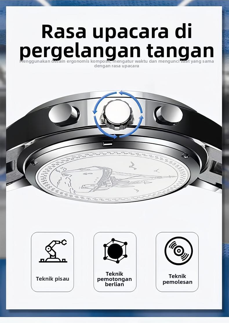 AIYISHI Jam Tangan Pria Mewah & Sporti 1623 Multifungsi Tahan Air 30M Dial Hitam Bodi Stainless Steel Garansi 2 Tahun Kaca Kristal Kuarsa Otomatis