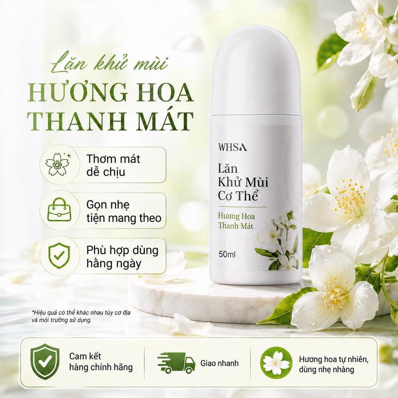 Lăn khử mùi cơ thể WHSA hương hoa thanh mát, khử mùi hiệu quả, thơm tho cả ngày, gọn nhẹ dễ mang theo 50ml