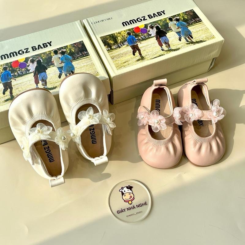  Giày búp bê tập đi cho bé gái chất liệu da pu cao cấp quai chun co dãn đính hoa ren ngọc chắc chắn   td24   