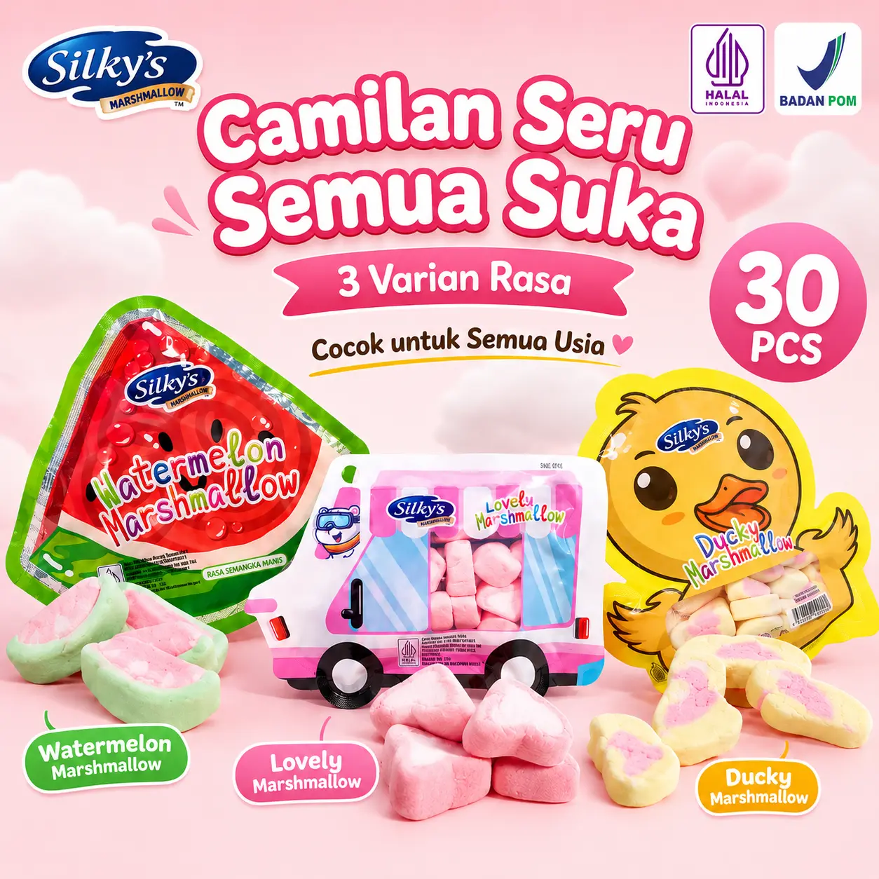 Silky’s Marshmallow 30pcs | Marshmallow Lembut Manis | Varian Watermelon / Lovely / Ducky | Camilan Anak Keluarga | Halal BPOM