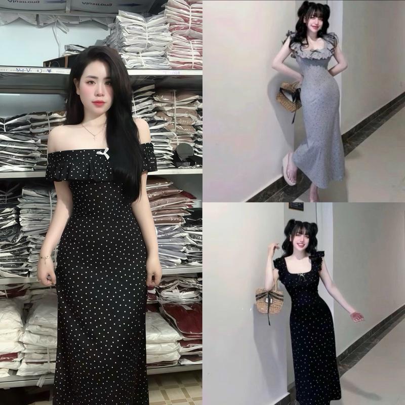 Đầm Thun Gân Tăm Chấm Bi Tay Viền Bèo Cổ U đính nơ Thời trang 2025 BB01