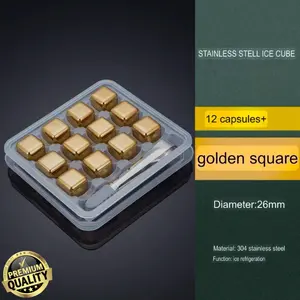 ES Batu Reusable Stainless Steel Gold Square Paket 4pcs / 6pcs / 8pcs / 12pcs dapat Capit Stainless Steel Plus Silicon Anti Licin Ice Cube