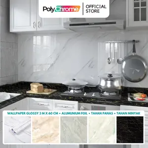 [19 Motif] Wallpaper Glossy Marmer Marble Polychrome Dapur Meja Furniture 3 m x 60 cm Glossi Kitchen Walpaper Pintu Stiker Sticker Almira ID High Quality DIY Anti Air Minyak Panas Tembok Dekorasi Putih Abu Biru Hijau Segitiga Abu Coklat Alumunium Foil Api
