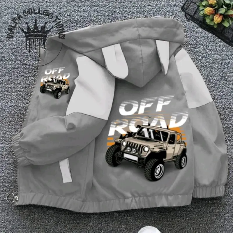 jaket anak kombinasi waterfroop premium berkualitas tinggi cocok buat anak laki" yang bergambar mobil off Road sang peredator jalanan hutan 7