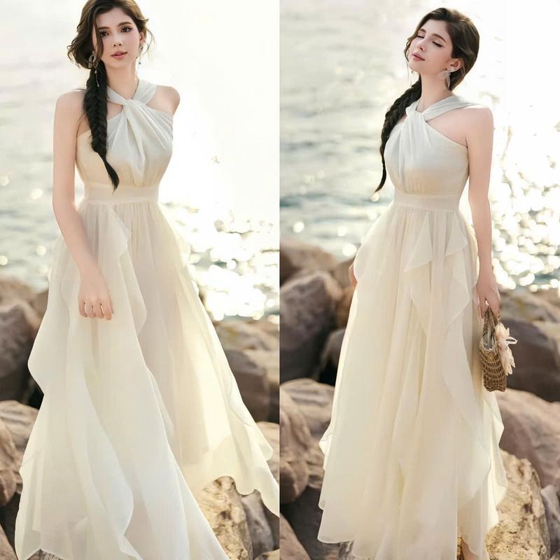 Đầm váy nữ voan thiết kế cổ yếm sếp li ngực dáng xòe dài xinh xắn dành cho các nàng diện đi chơi đi tiệc