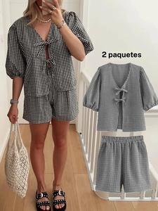 Conjunto de camisa con manga burbuja y volante, con lazo al frente y shorts, estampado de cuadros, ajustado y de longitud regular, 2 piezas