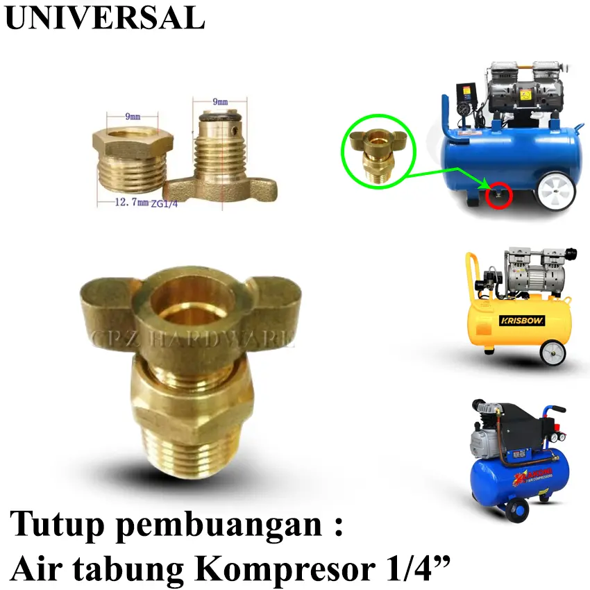 Baut Pembuangan Air Tabung Kompresor Nepel Tutup Tabung Bawah Buangan Air Kompresor Angin Drain Cleaner Compresor 1/4 XENON