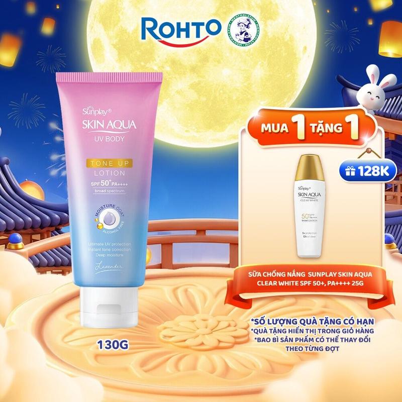 Kem chống nắng nâng tông body Skin Aqua dưỡng thể sáng mịn Sunplay Skin Aqua UV Body Tone up Lavender Lotion SPF 50+ PA++++ 130g