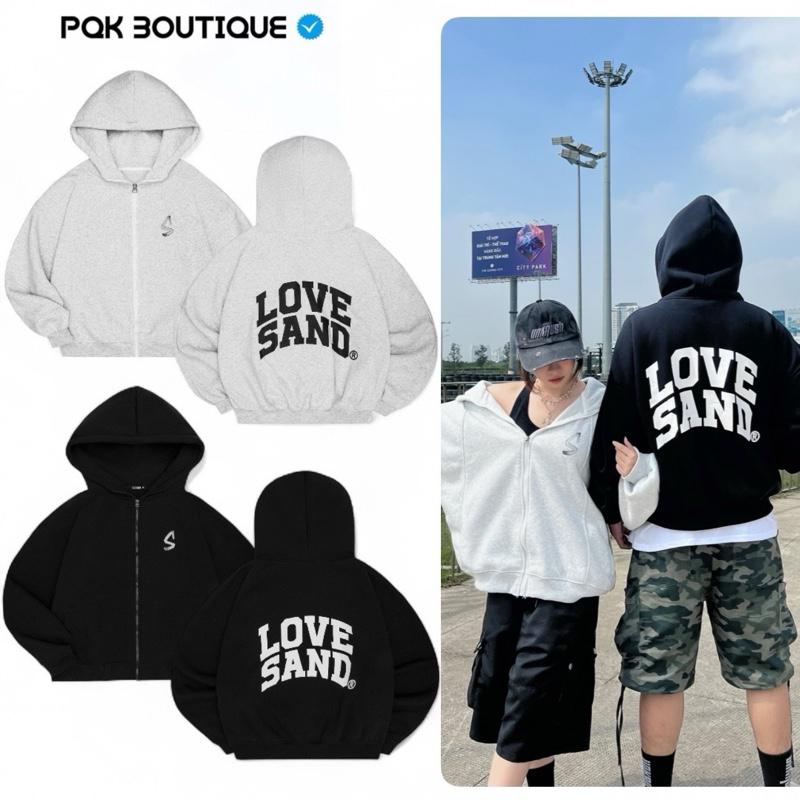 Áo Khoác Hoodie Dây Kéo Nam Nữ Form Rộng Cổ Cao LOVE SAND Màu Xám Tiêu Đen