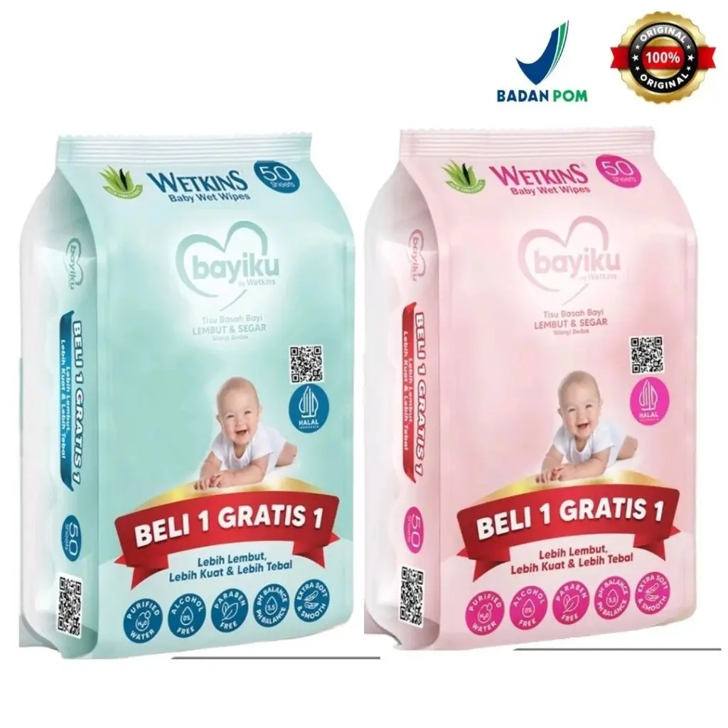BUY 1 GET 1 Wetkins Baby Wipes 50'S - Tisu Basah Bayi dengan Ekstrak Chamomile & Aloevera Bebas Alkohol dan Paraben