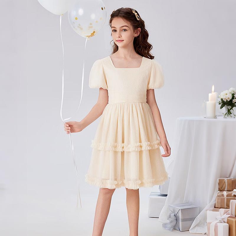 Malwee 2-10 Tahun Gaun Anak Perempuan Krem Gaya Princess Lengan Balon dengan Lapisan Renda NT027 Malwee 2-10 Tahun Gaun Anak Perempuan Krem Gaya Princess Lengan Balon dengan Lapisan Renda NT027