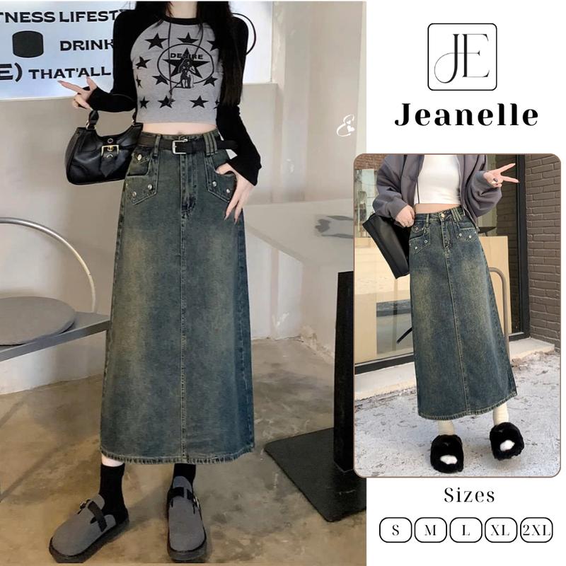 Chân váy jeans dáng dài cạp cao phối túi trước cá tính Bigsize 40-65kg phong cách Hàn Quốc chân váy bò V15 Nữ Women