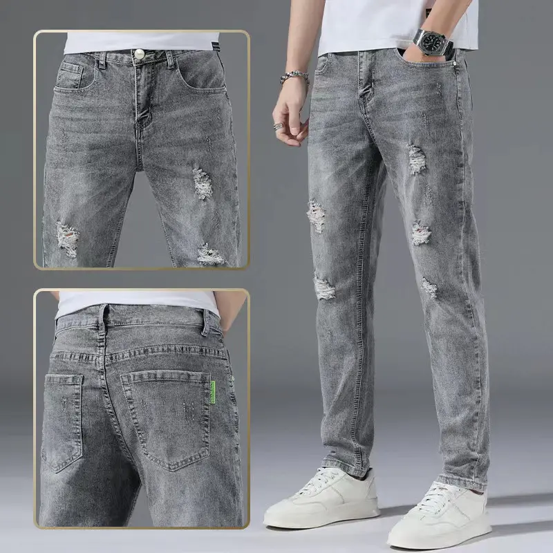 Celana jeans pria sobek abu grey slimfit stretch panjang cowok ripped celana denim dewasa robek skinny pensil korea style