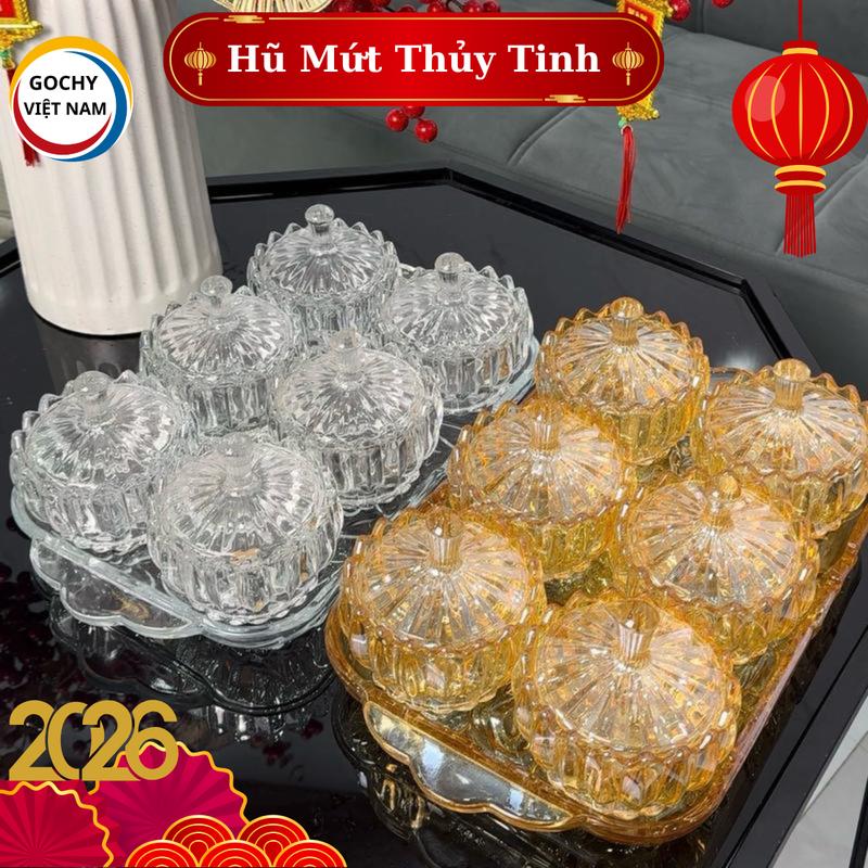    TẾT   Combo 6 hũ thuỷ tinh pha lê kèm khay thuỷ tinh cao cấp đựng mứt bánh kẹo hạt decor Tết lịch sự sang trọng 