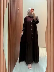 Melda Dress Gamis Rayon Twill Motif Bordir Bungan Bahan Premium Lengan Balon Karet Cocok untuk Lebaran dan Berbagai Acara