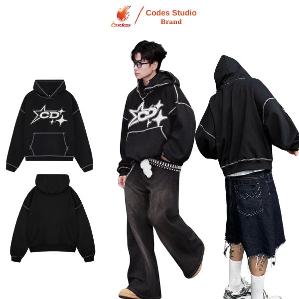 Áo khoác hoodie boxy phối viền in nổi Codes Studio bling chất vải chân cua cotton 380gms from rộng nón to 2 lớp thu đông thoáng mát cặp đổi bigsize unisex nam nữ