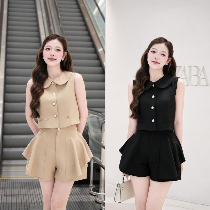  Set đồ nữ áo sát nách cổ Peter Pan - Quần short dáng xòe đẹp sang trọng hb.closet S37 