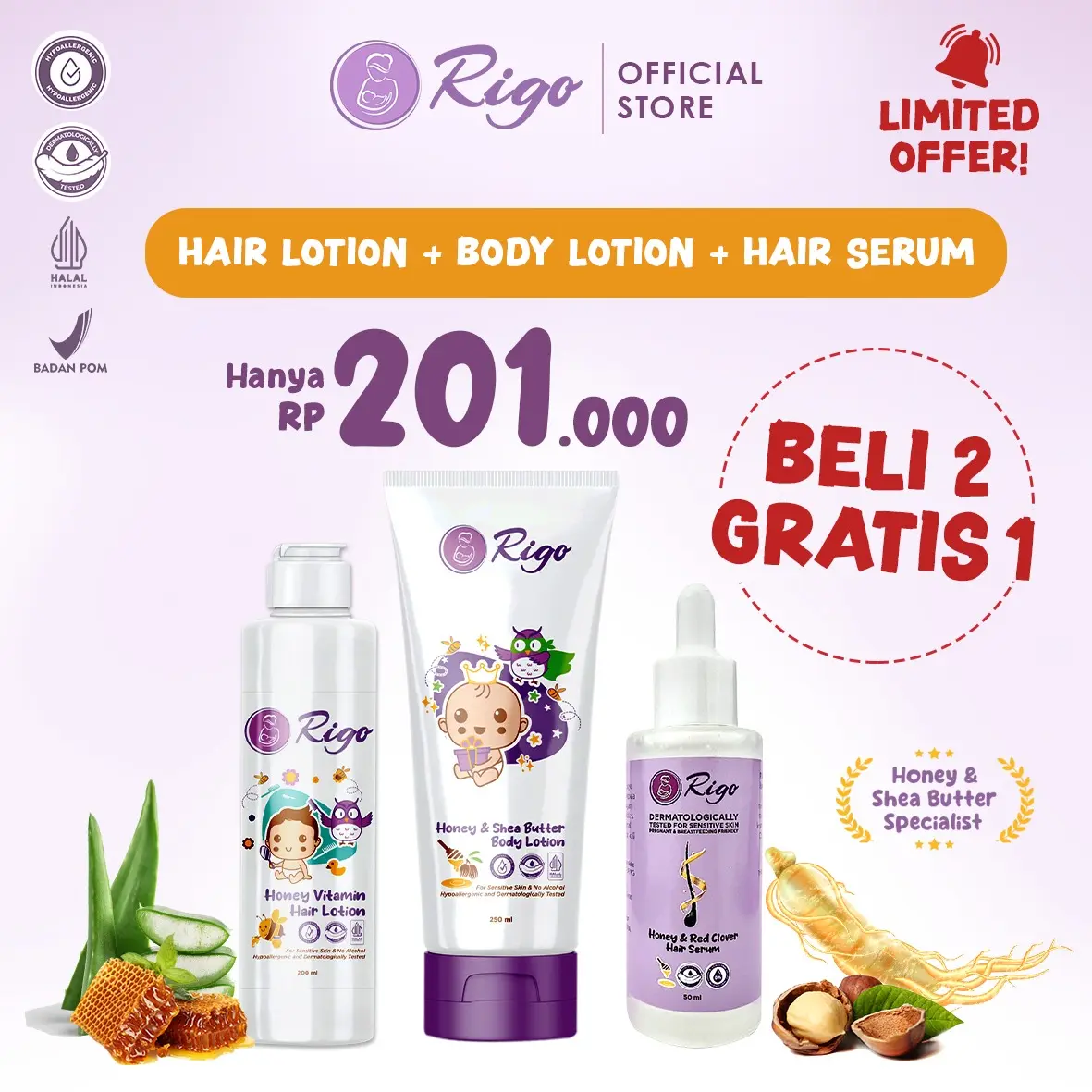 Rigo Limited Edition Buy 2 Get 1 I Hair Serum 50ml + Body Lotion 250ml + Hair Lotion 200ml