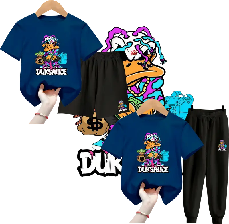 Setelan Anak Laki Laki DUKSAUCE | Baju Stelan Anak Perempuan Celana Panjang & Pendek Model Terbaru 5 - 15 tahun Fashion Holiday 9-10 Tahun 0