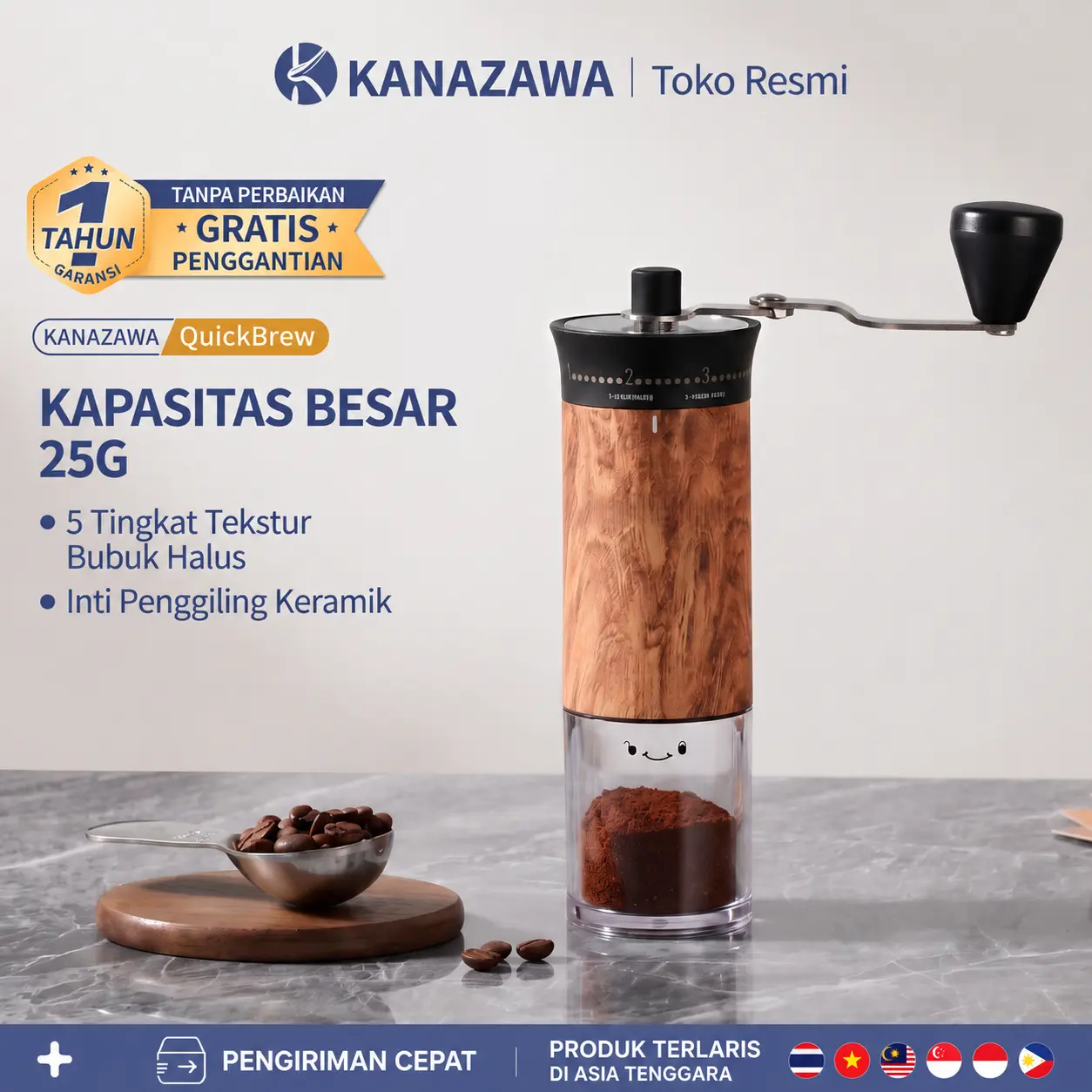 [KANAZAWA]Mesin penggiling kopi manual, berlapis dengan wadah bubuk 25 gram, inti penggilingan keramik, bahan stainless steel, portabel dan tahan lama, mesin penggilingan tangan untuk perjalanan dengan pengaturan yang dapat disesuaikan.