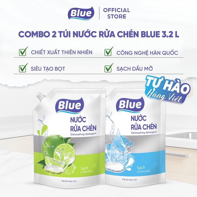 Blue Việt Nam Blue Combo 2 Túi Nước Rửa Chén 3.2L Hương Chanh & Không Mùi Chiết Xuất Thiên Nhiên An Toàn Cho Da Tay Sạch Sâu Thơm Lâu