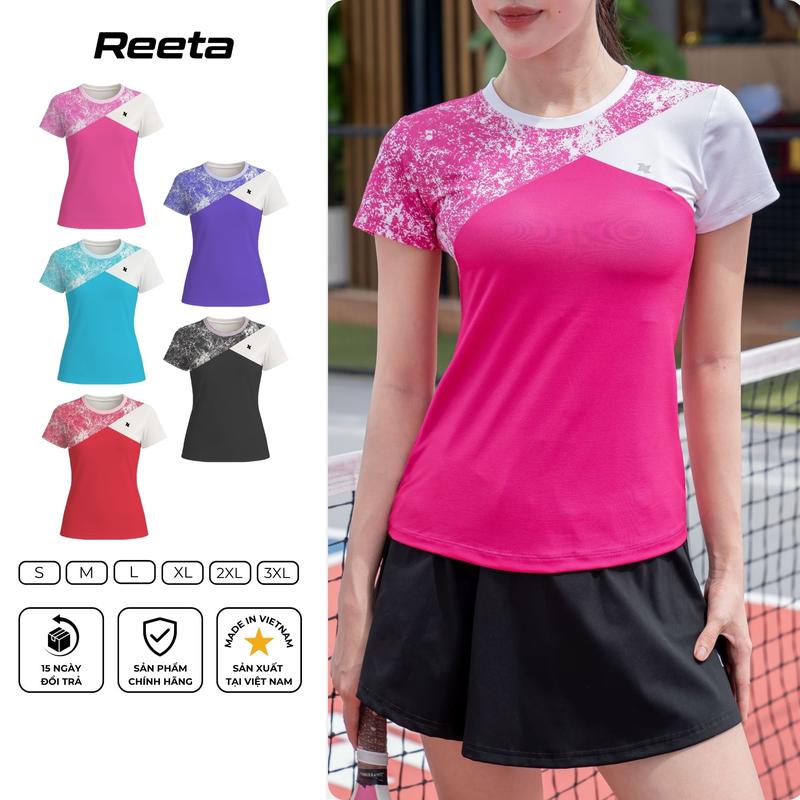 Áo thun thể thao nữ Reeta cổ tròn phối màu trẻ trung chơi cầu lông, pickleball vải dệt lỗ kim mềm mịn thoáng khí -A3107